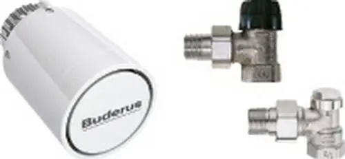 Zubehörset von Buderus mit einem weißen Thermostatkopf und zwei verschiedenen Eckventilen aus Metall.